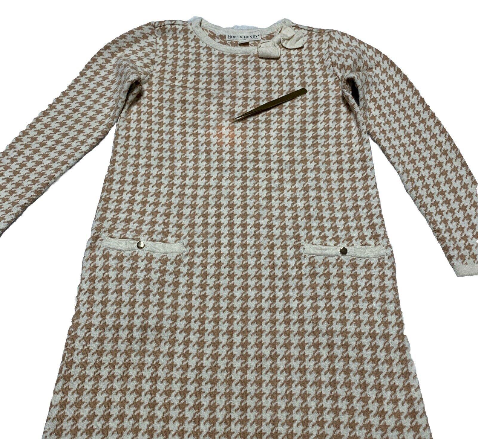 Hope & Henry Girls Size 10 Ivory Beige Houndstooth Sheath Dress Bow Knee Length