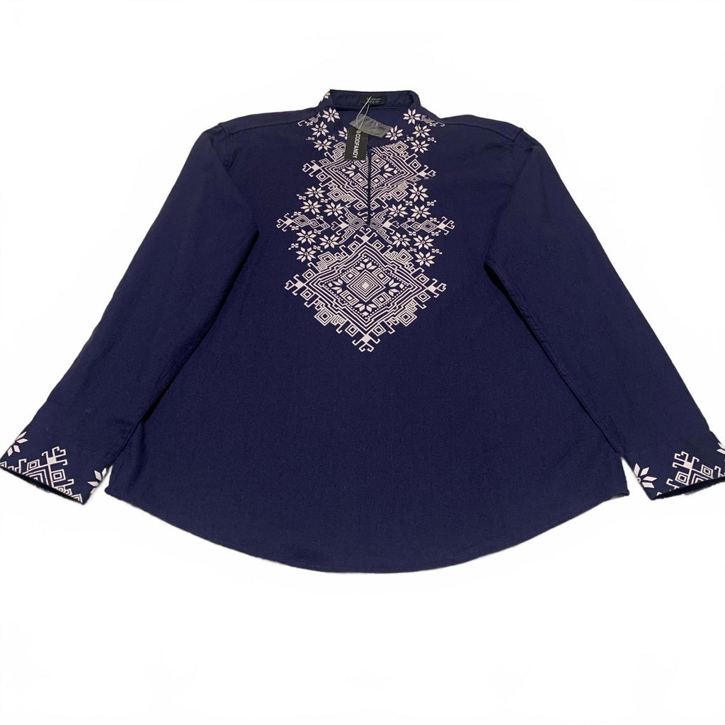 Coofandy Men's Size XL Blue Long Sleeve Embroidered tunic Collar Shirt Cotton