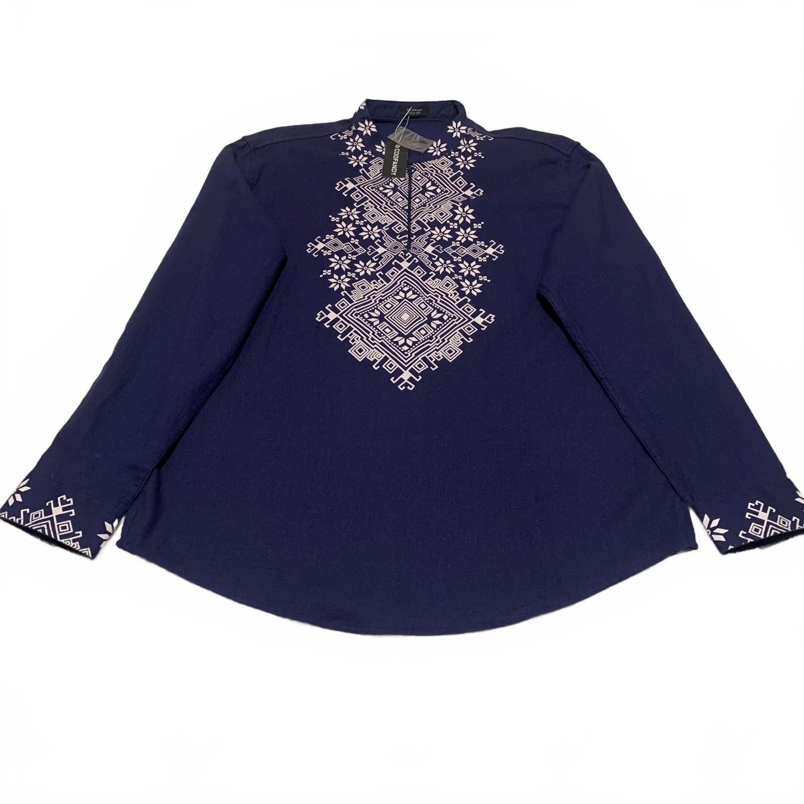 Coofandy Men's Size XL Blue Long Sleeve Embroidered tunic Collar Shirt Cotton