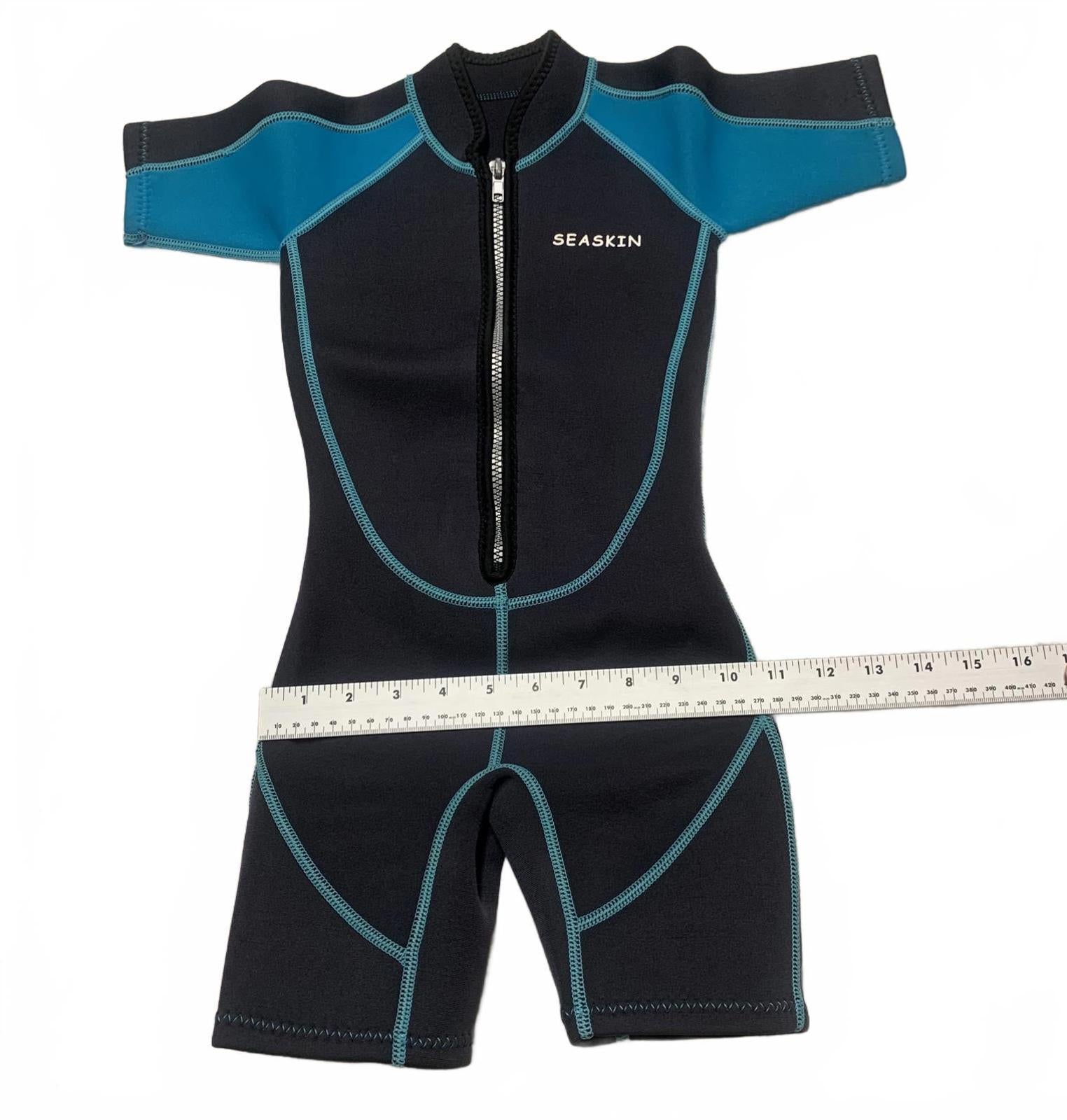 Seaskin Child Unisex Shorts Size 3 Black Teal Short Sleeve Wetsuit Bathing Suit