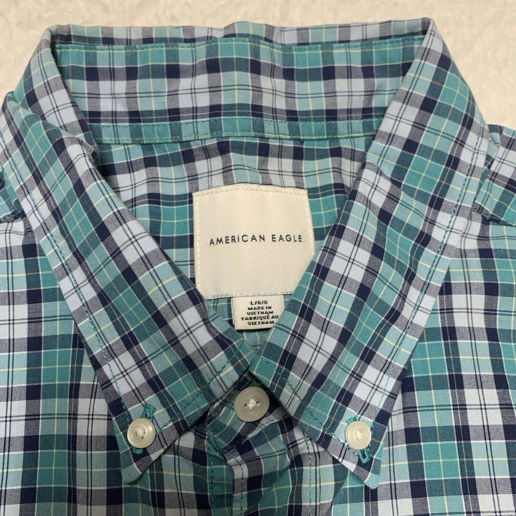 American Eagle Women’s Size Large Teal Blue Button up Shirt Plaid Long Sleeve