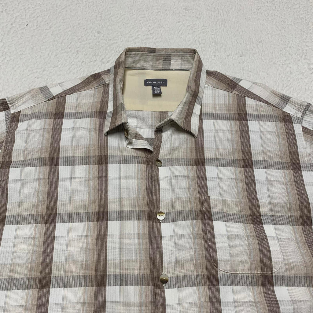 Van Heusen Mens Size XXL Beige Plaid Short Sleeve Button Shirt
