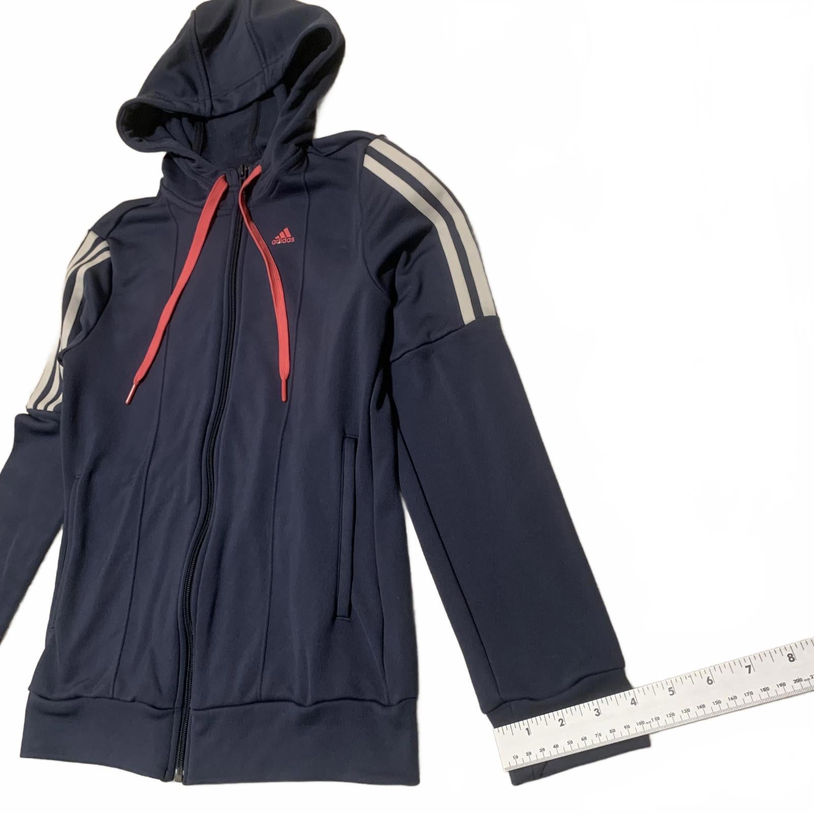 Adidas Women's Size S Navy Blue Hooded Zip-Up Hoodie Sweater 3 Stripes