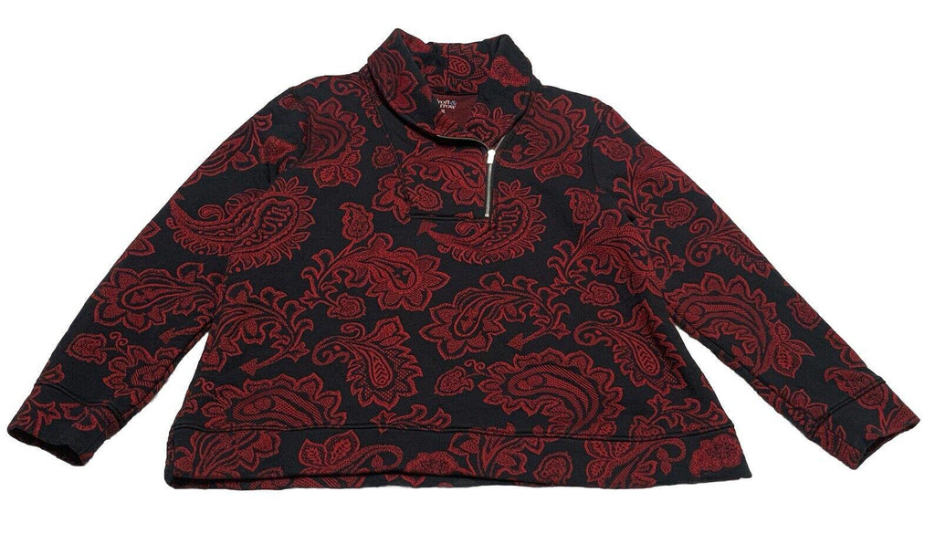 Croft & Barrow Womens Petite XL Red Black Paisley Floral Zip Sweater Long Sleeve