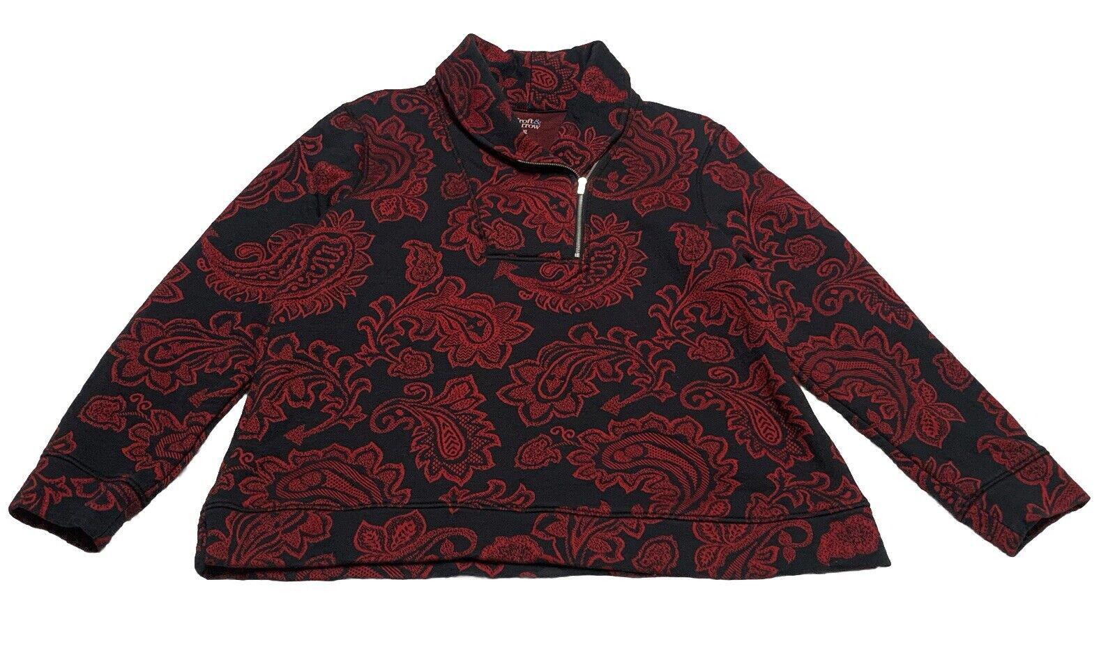 Croft & Barrow Womens Petite XL Red Black Paisley Floral Zip Sweater Long Sleeve
