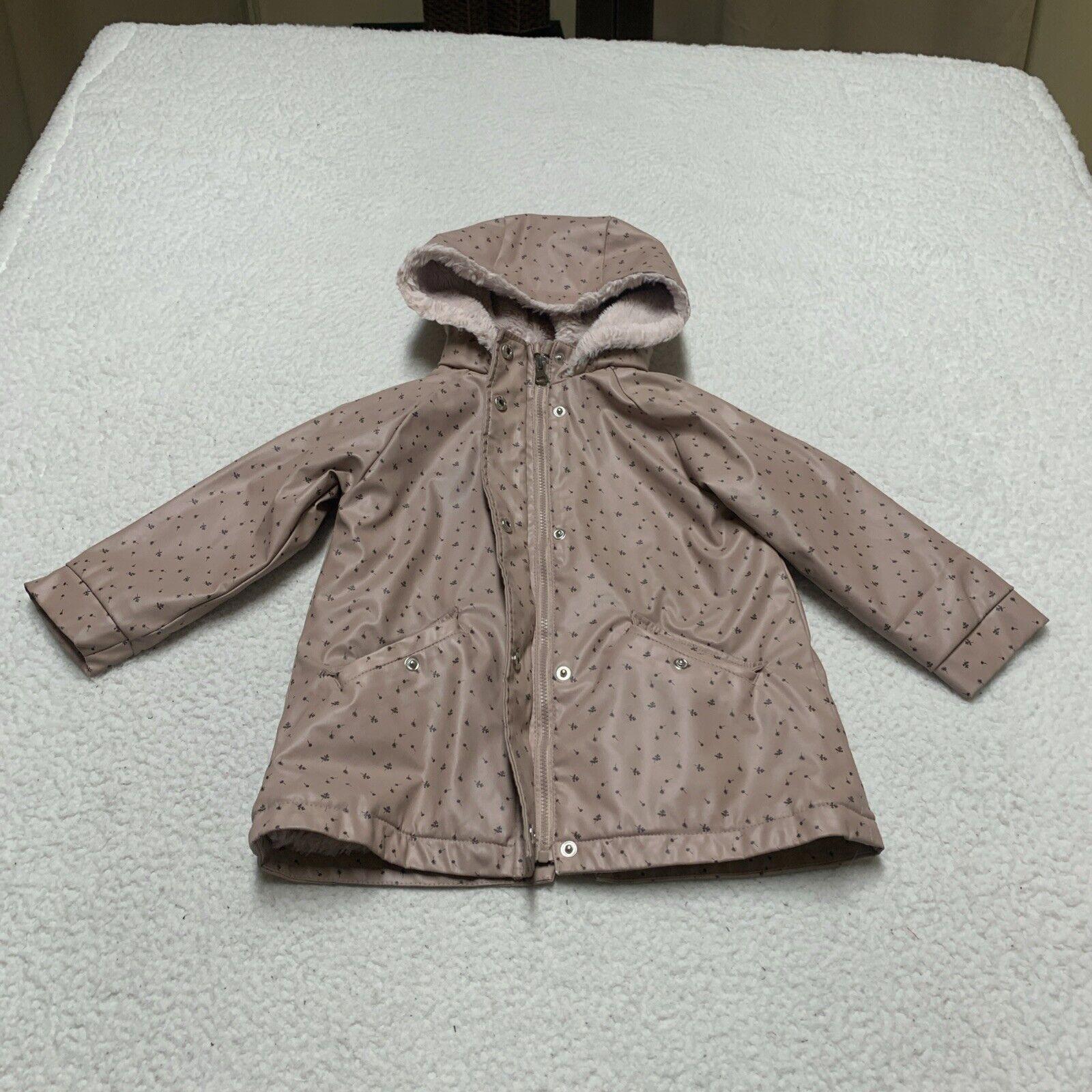 Zara Baby Girl Size 3-4 Years Pink Floral Print Fleece Lined Raincoat HoodJacket