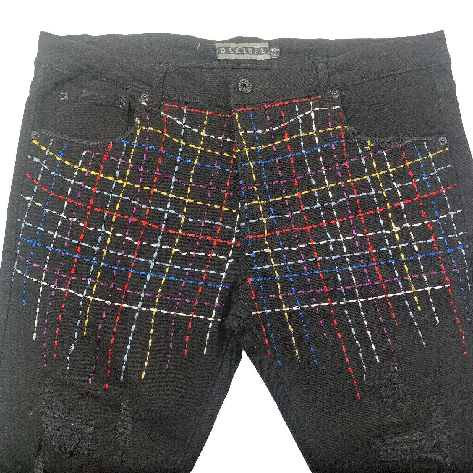 Decibel Black Jeans Men's 40x34 Embroidered Front Frayed