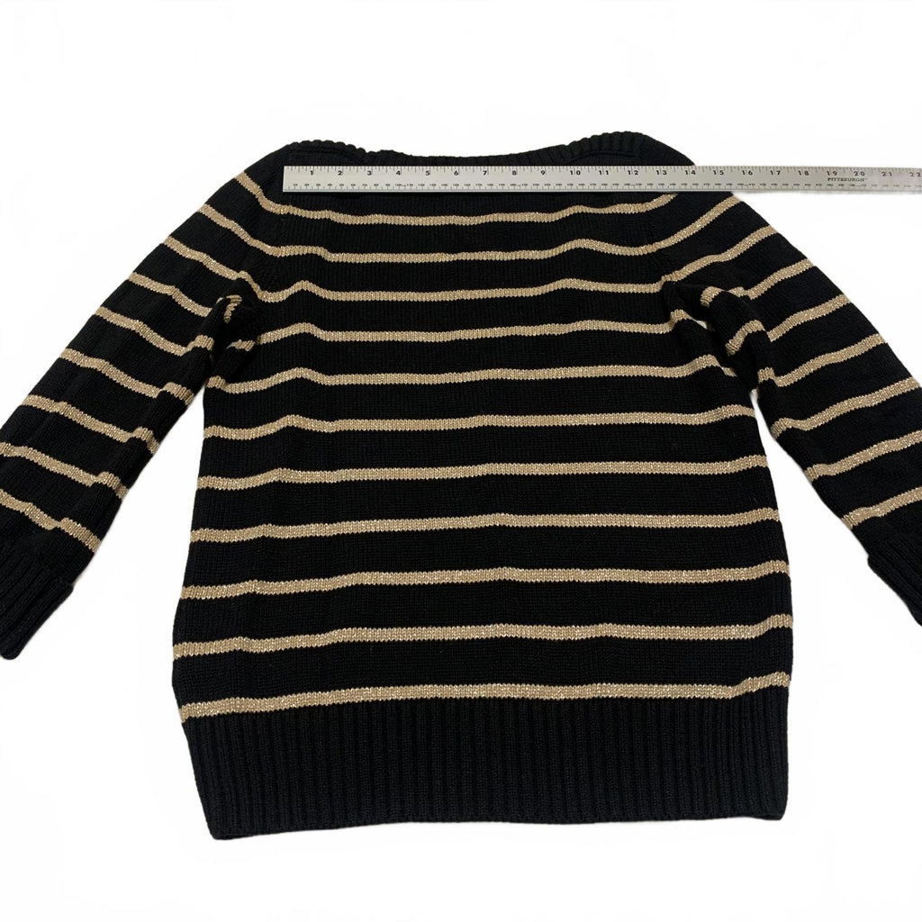 Jones New York Women's Size Petite M Black Beige Striped Sweater Cuffed Sleeve