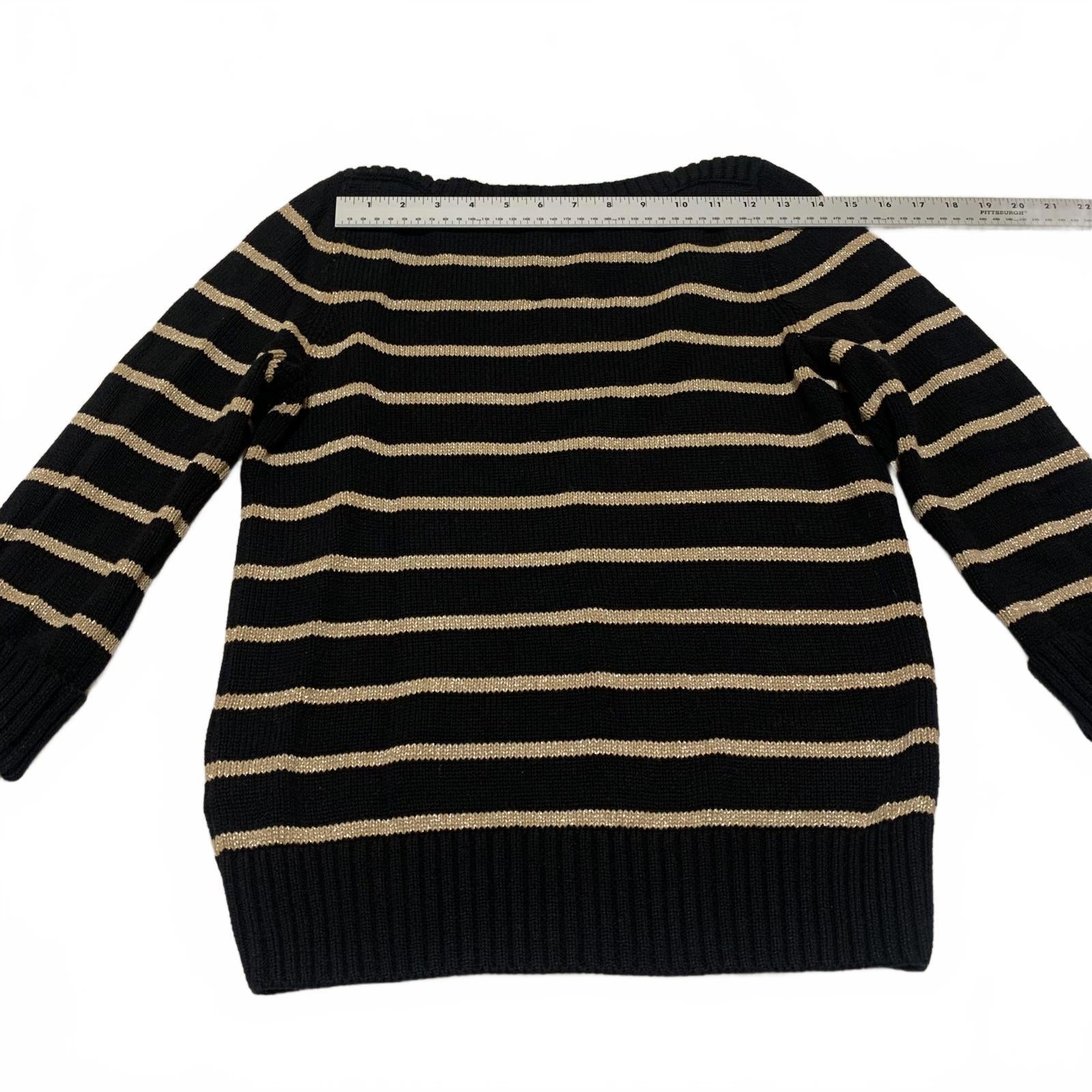 Jones New York Women's Size Petite M Black Beige Striped Sweater Cuffed Sleeve