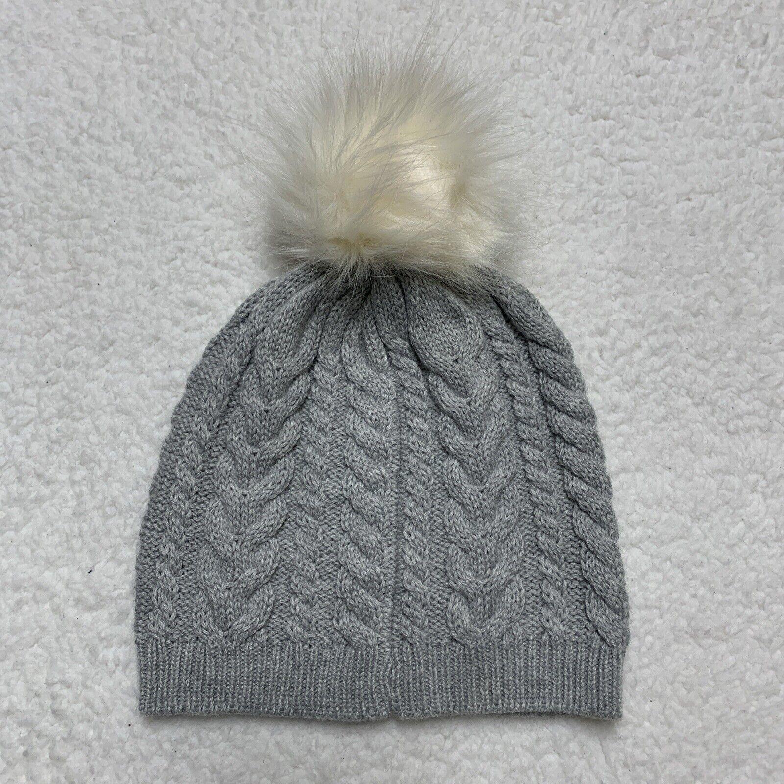 J Crew Cable Knit Winter Hat Gray Beanie Bone White Pom Pom