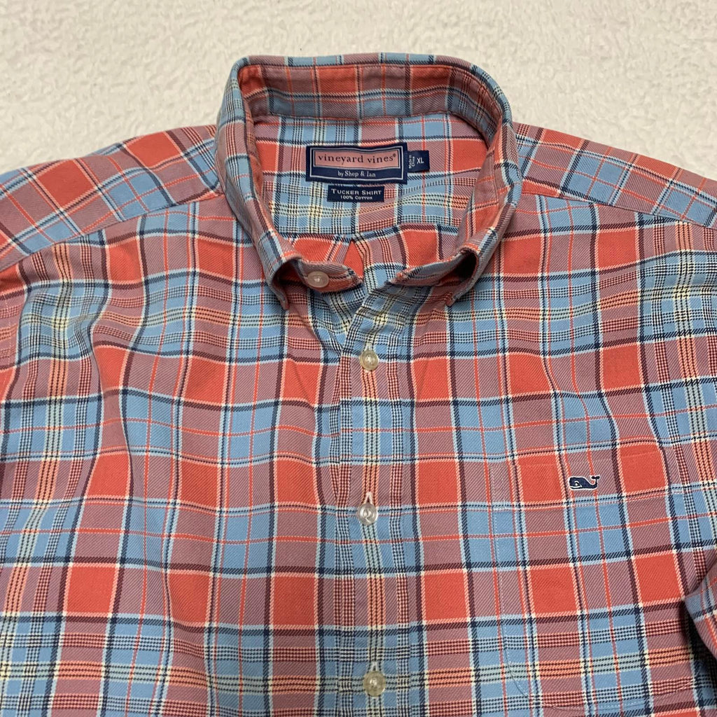 Vineyard Vines Men's XL Blue Orange Plaid Button Tucker Shirt