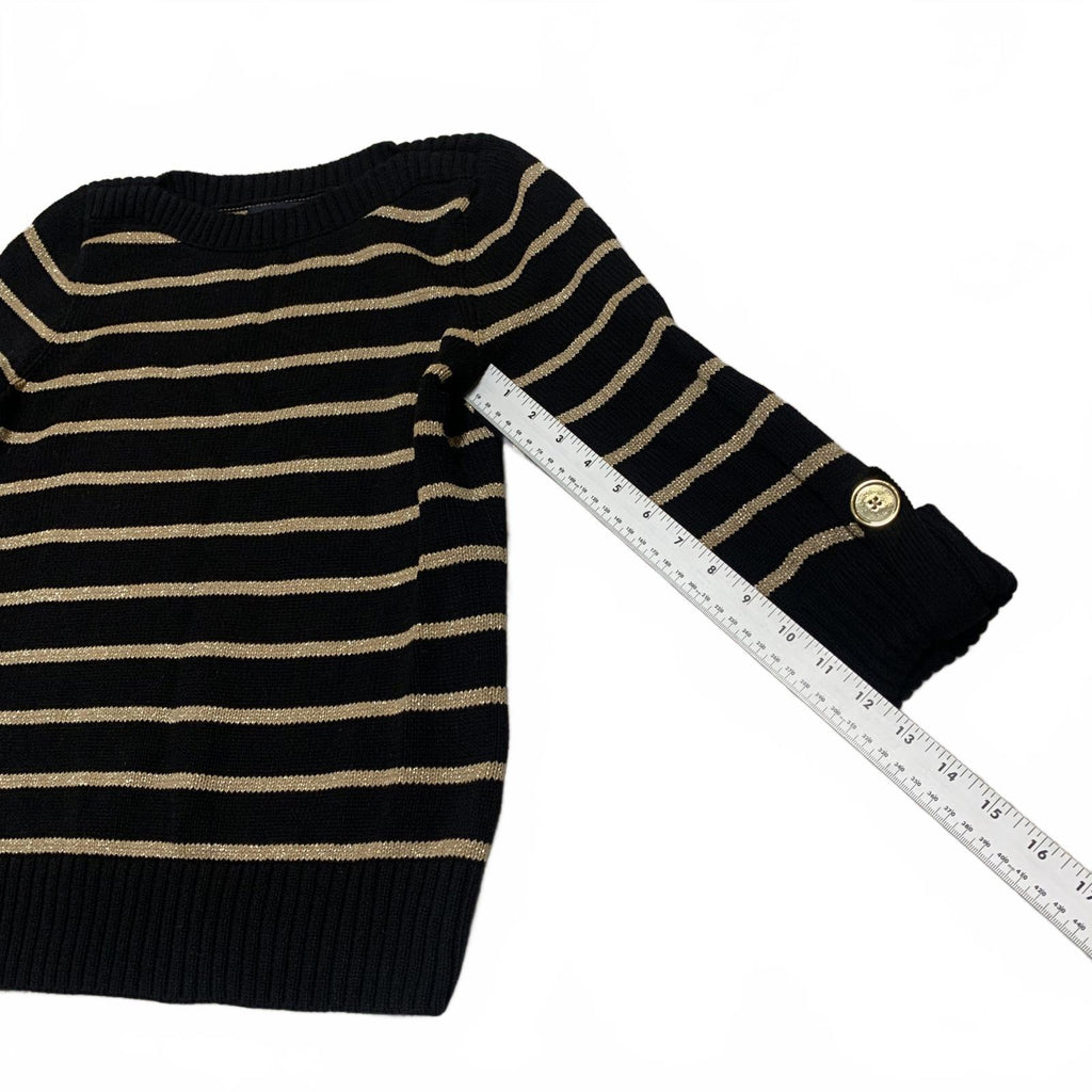Jones New York Women's Size Petite M Black Beige Striped Sweater Cuffed Sleeve