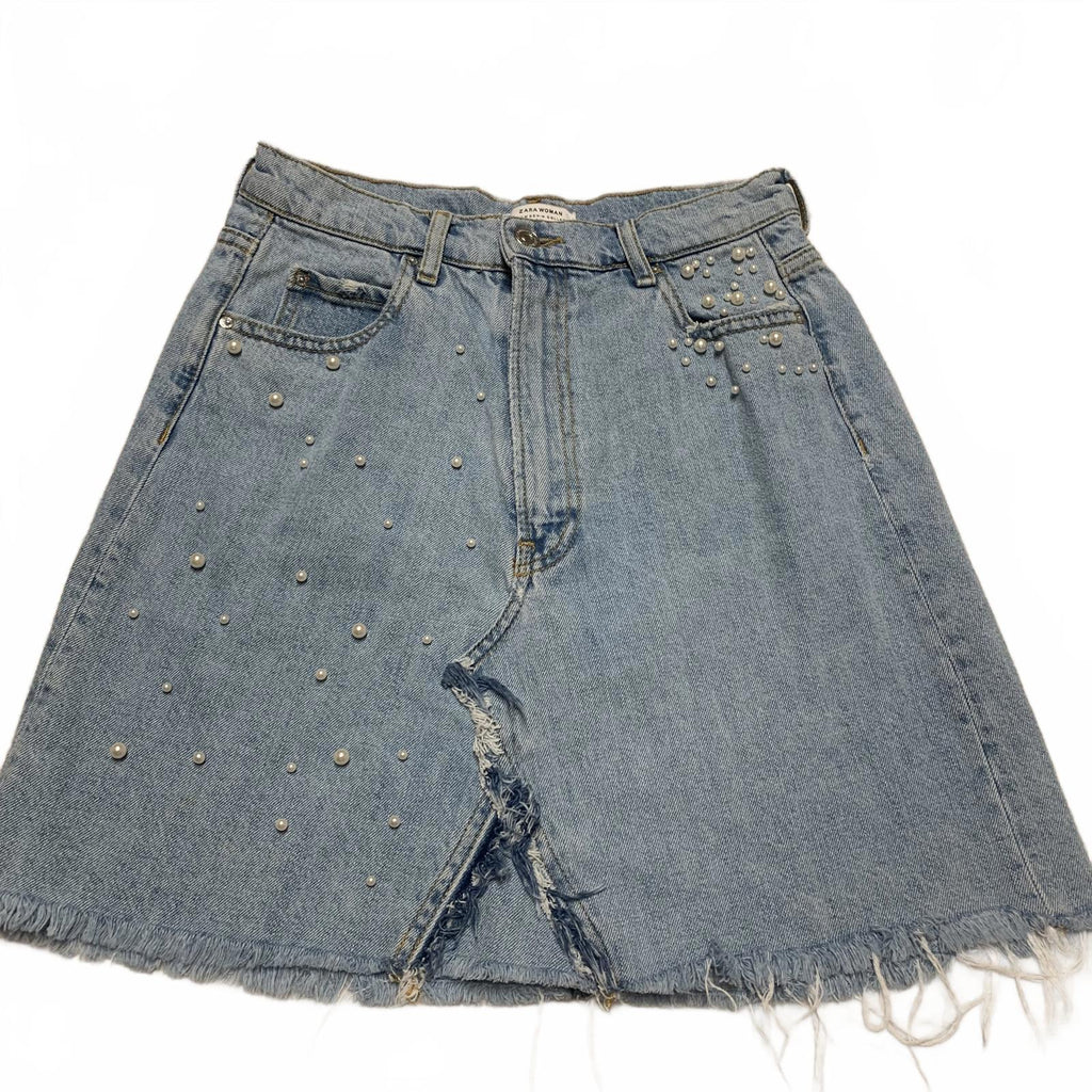 Zara Women's Size M Blue Distressed light wash Denim Skirt Pearl Bead Details