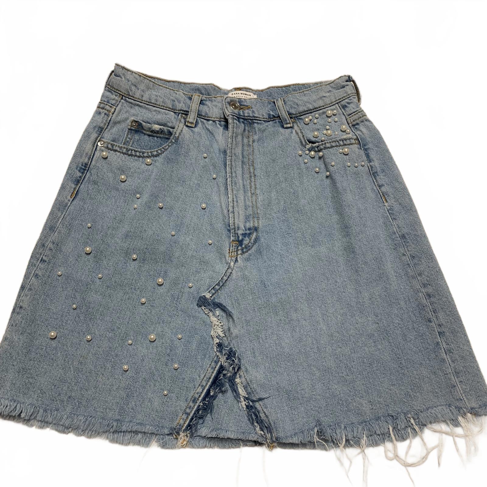 Zara Women's Size M Blue Distressed light wash Denim Skirt Pearl Bead Details