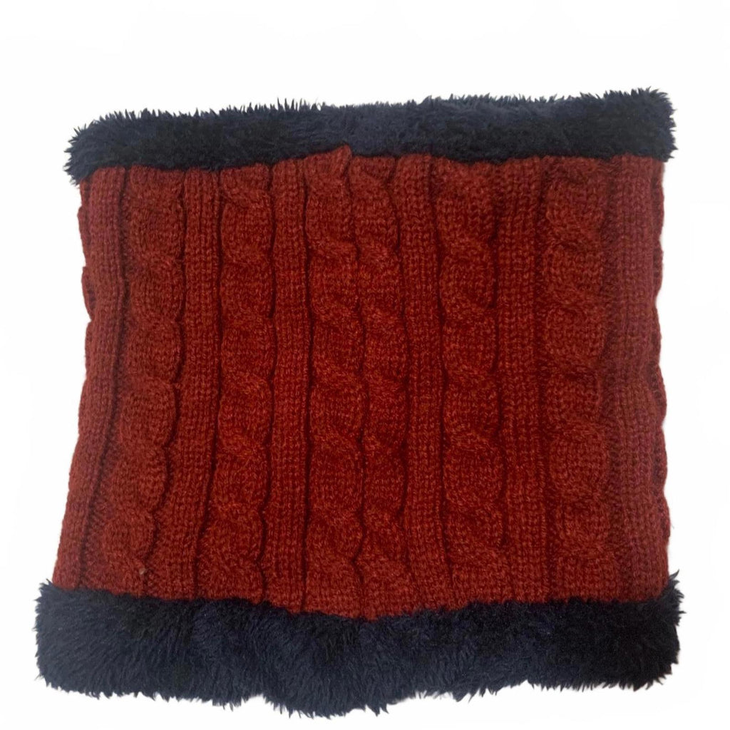 All-match Winter Knit Hat Scarf Gloves Set Burgundy Navy Faux Fur Lining OSFA