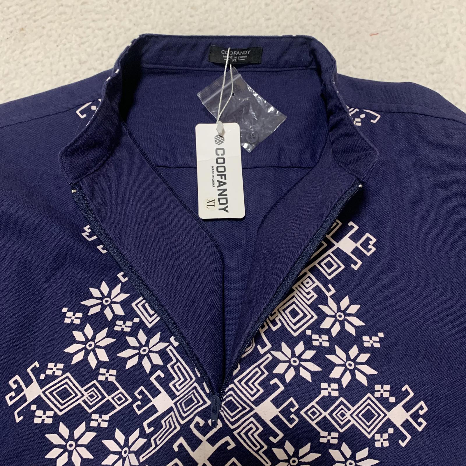 Coofandy Men's Size XL Blue Long Sleeve Embroidered tunic Collar Shirt Cotton
