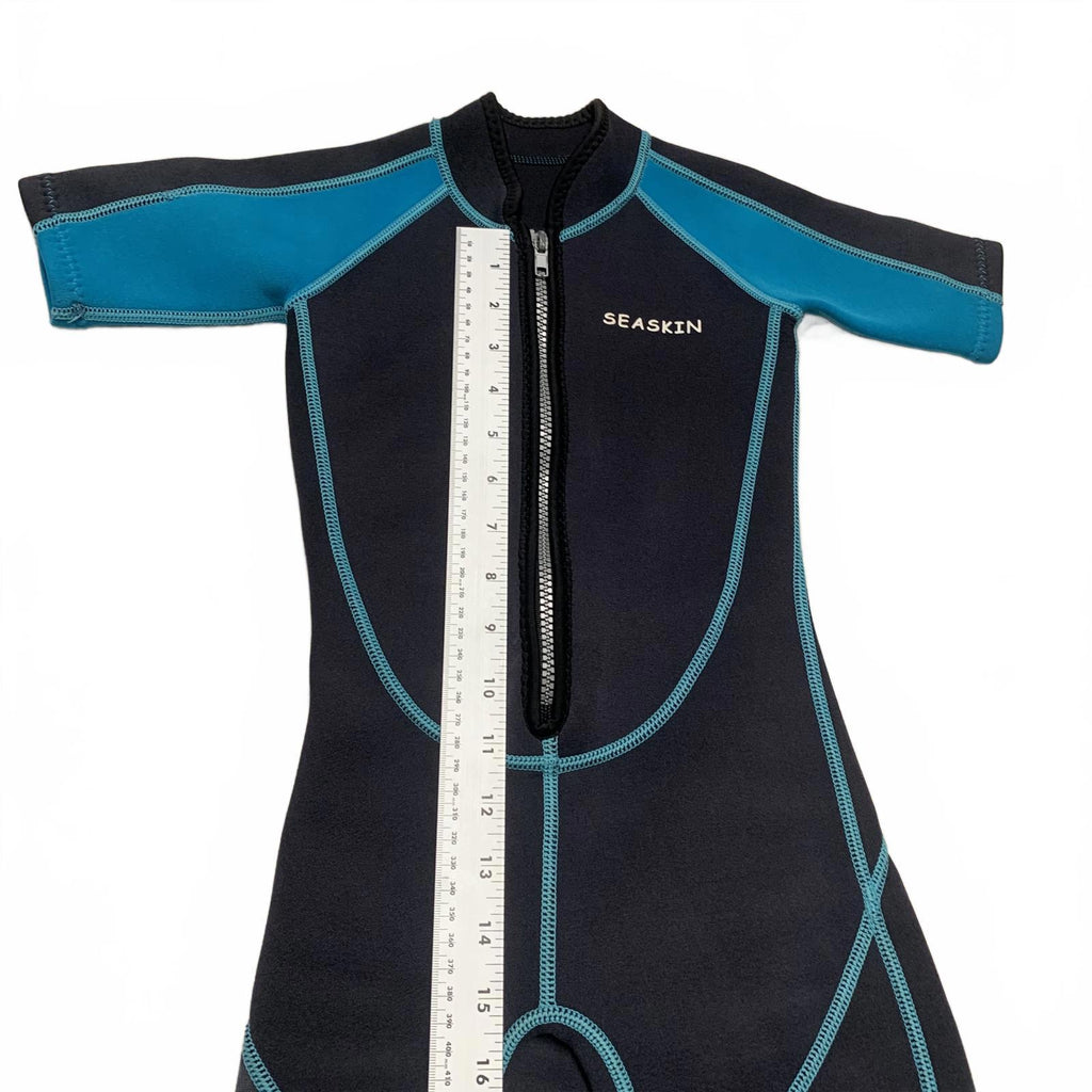 Seaskin Child Unisex Shorts Size 3 Black Teal Short Sleeve Wetsuit Bathing Suit