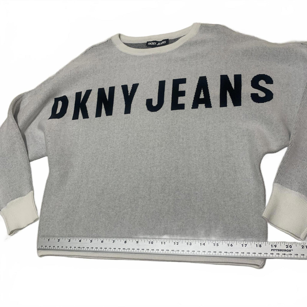 VTG DKNY Jeans Women's Size S Light Gray Crewneck Sweater Logo Butterfly Sleeve