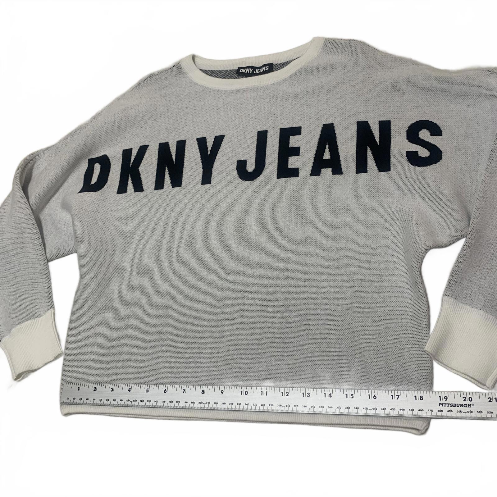 VTG DKNY Jeans Women's Size S Light Gray Crewneck Sweater Logo Butterfly Sleeve