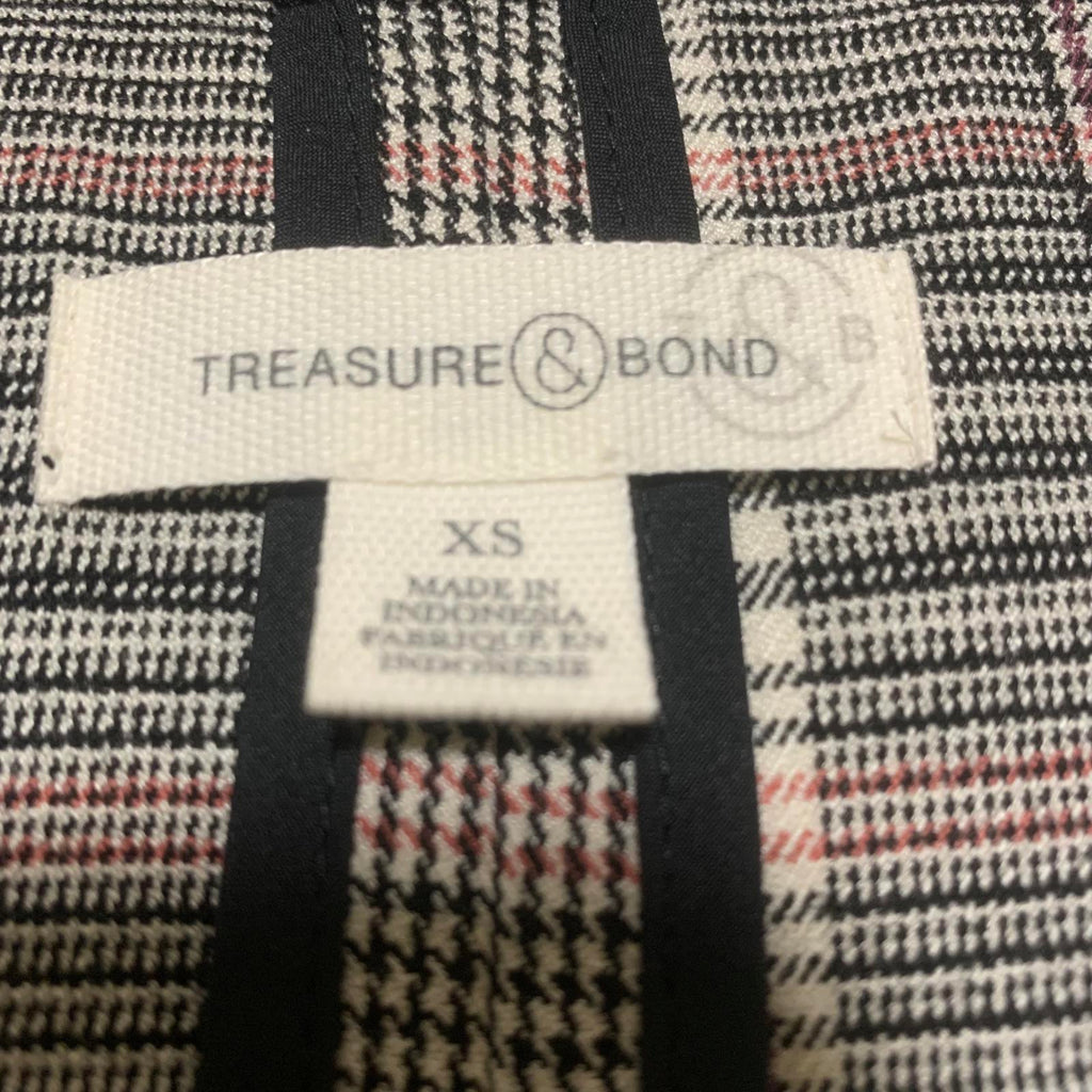 Treasure & Bond Women's Plaid Blazer Jacket XS Black Pink Gray 1-Button Stretch