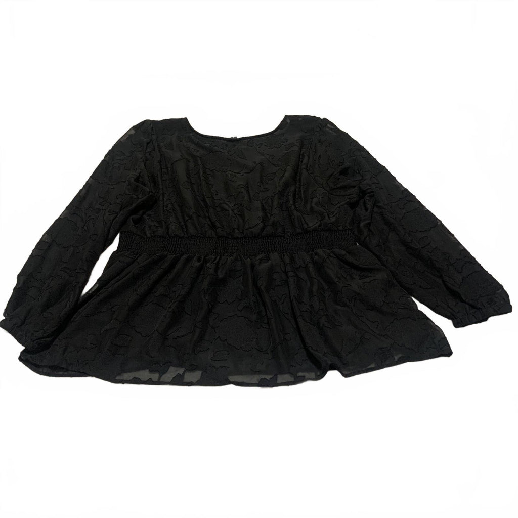 Torrid Womens Size 3 Black Long Sleeve Peplum Blouse Textured Floral Pattern