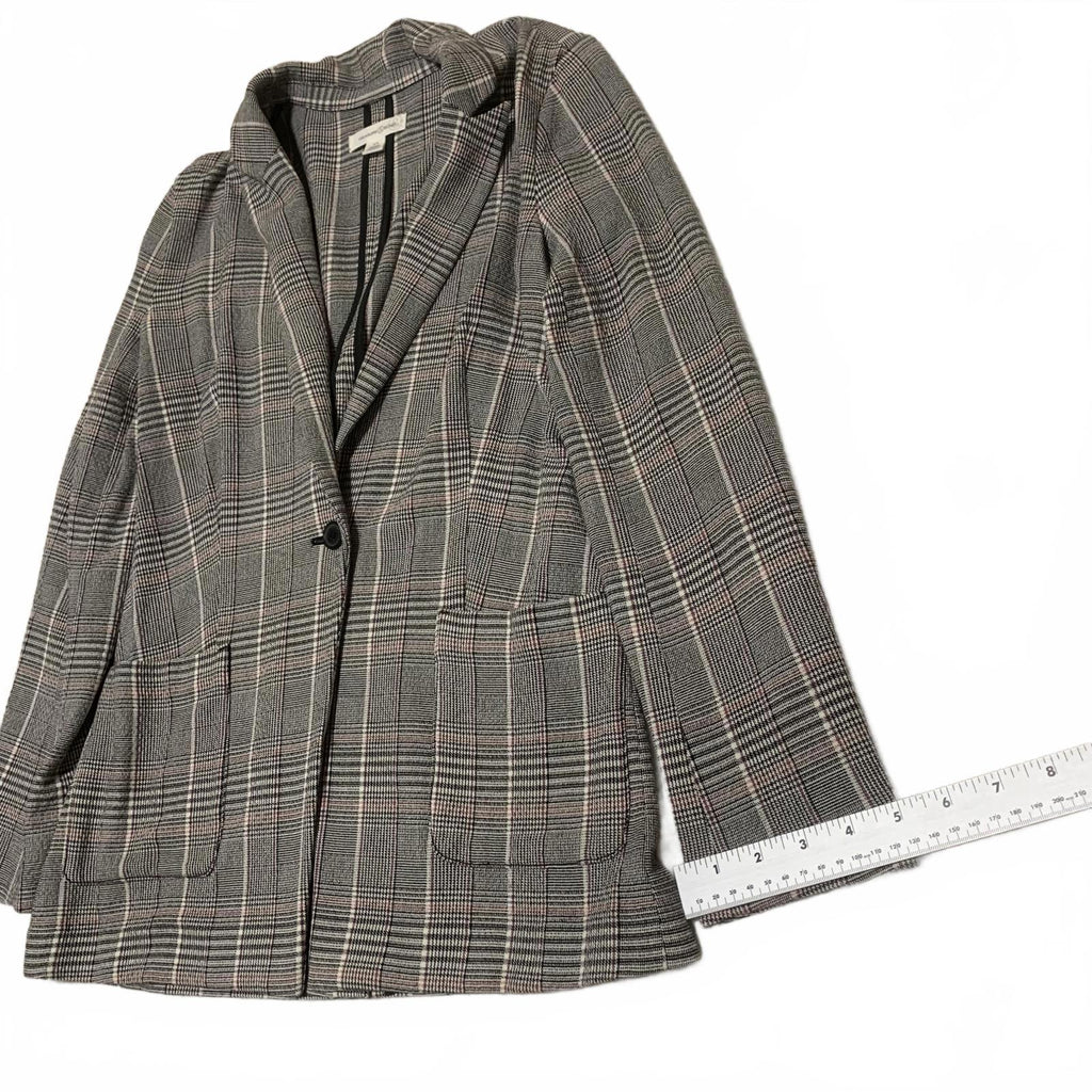 Treasure & Bond Women's Plaid Blazer Jacket XS Black Pink Gray 1-Button Stretch