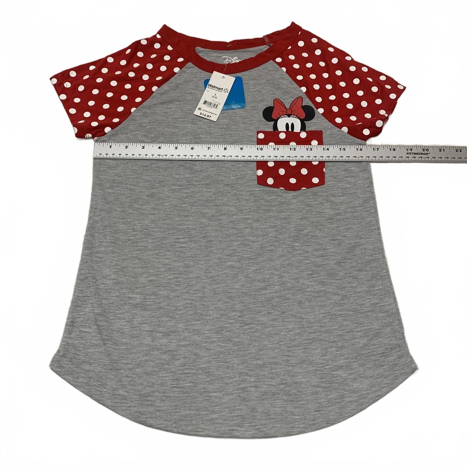 Disney Minnie Mouse Girls' Size Small 3-5 Red Grey T Shirt Polka Dot Sleeves