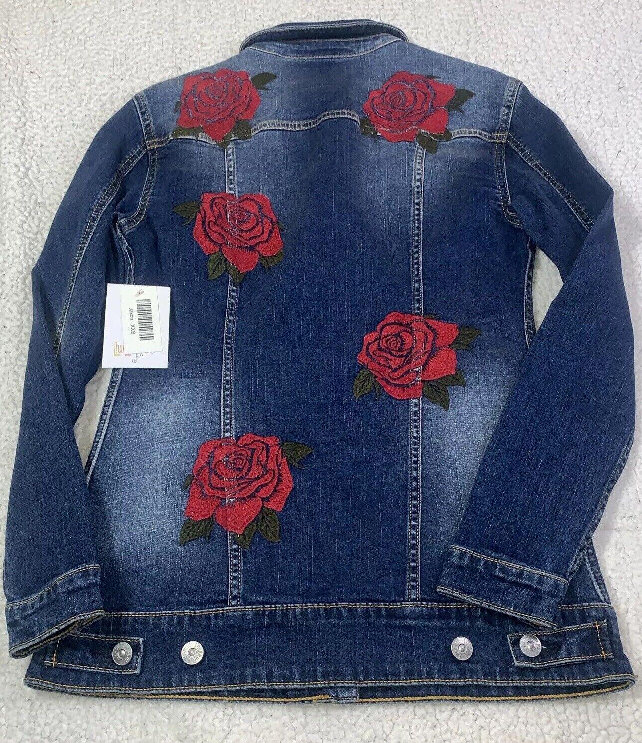 Lularoe Jaxon Jean Jacket Red Rose Sz XXS Small  Embroidery