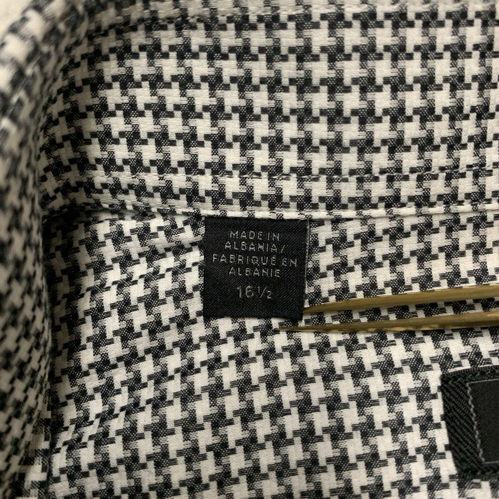 Saks Fifth Avenue Men Shirt 16 1/2 Gray Houndstooth Print Long Sleeve Button Up