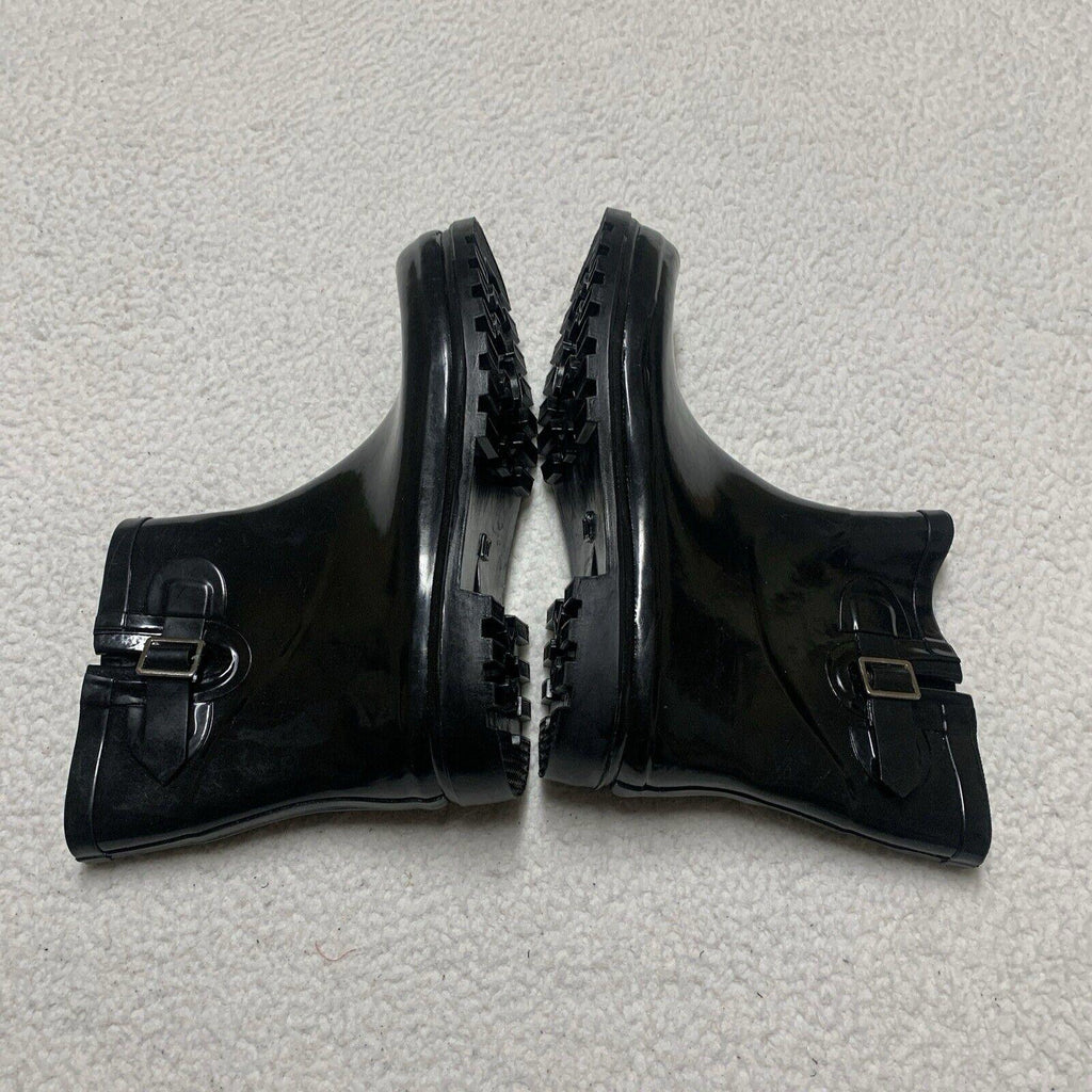 DEW Rubber Sole Rain Women's Boots Sz 11 Shiny Black Ankle Height Buckle Pull-on