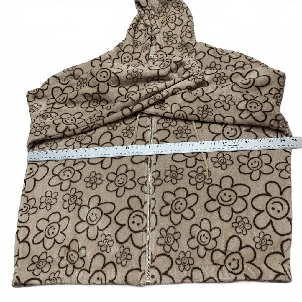 Fire & Fleur Womens Size 3xL Beige Floral Patterned Fleece Hoodie Jacket