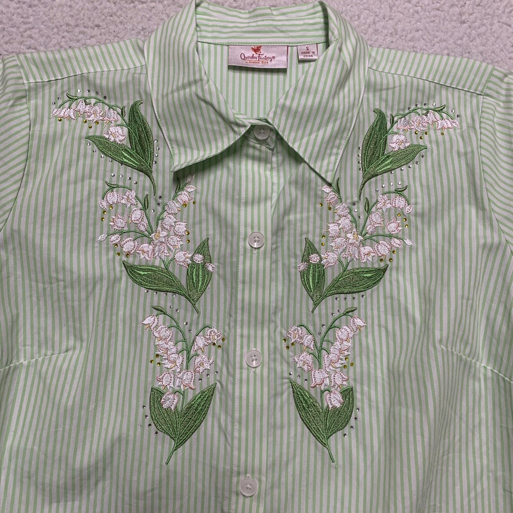 Quacker Factory Women's Size S Floral Embroidered Green Striped Button Shirt
