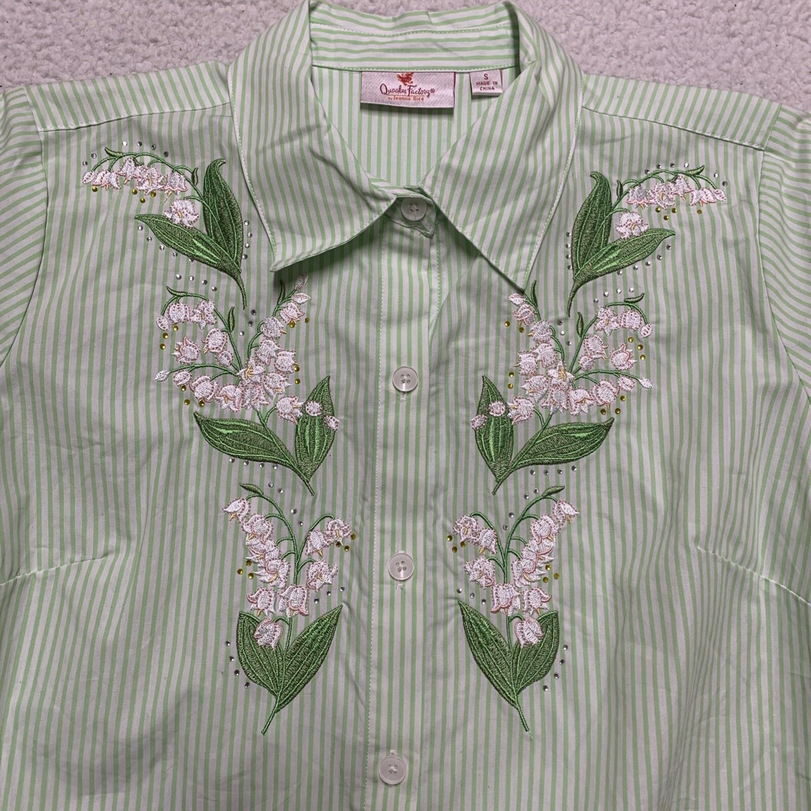 Quacker Factory Women's Size S Floral Embroidered Green Striped Button Shirt