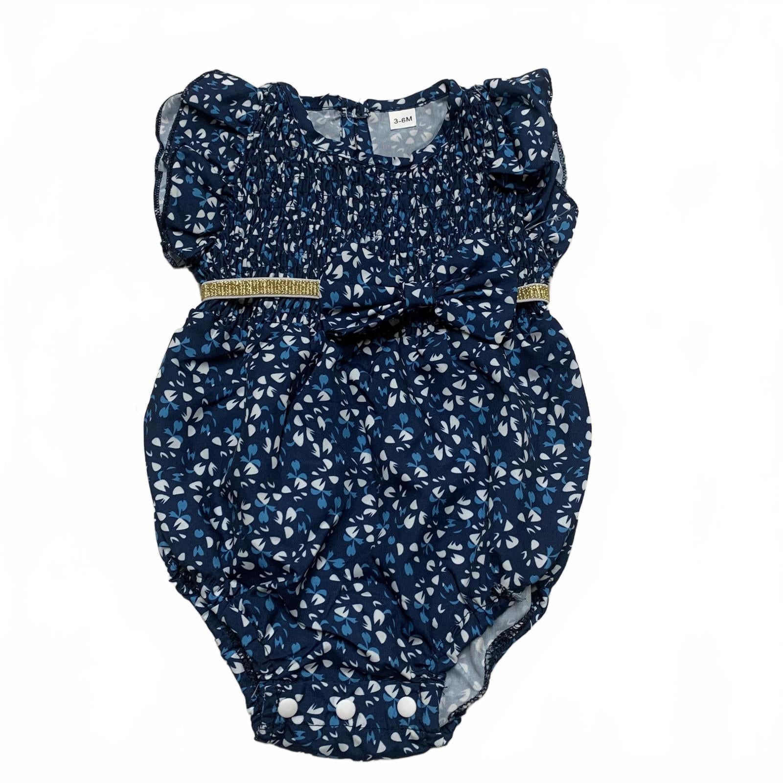 Adorable Baby Girl Size 3-6 Months Blue Floral Ruffled Romper with Headband