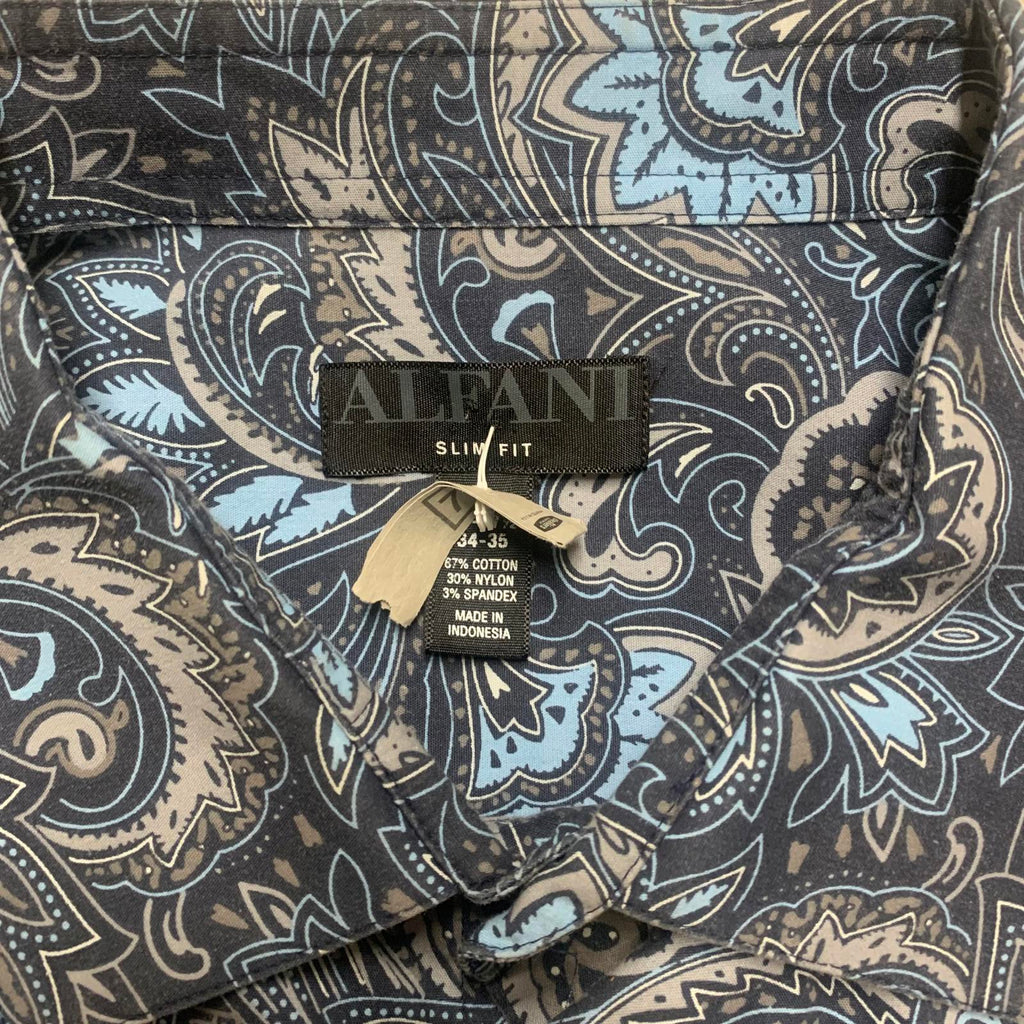 Alfani Men's Size XLarge 17 17.5 Blue Paisley Print Long Sleeve Button Shirt
