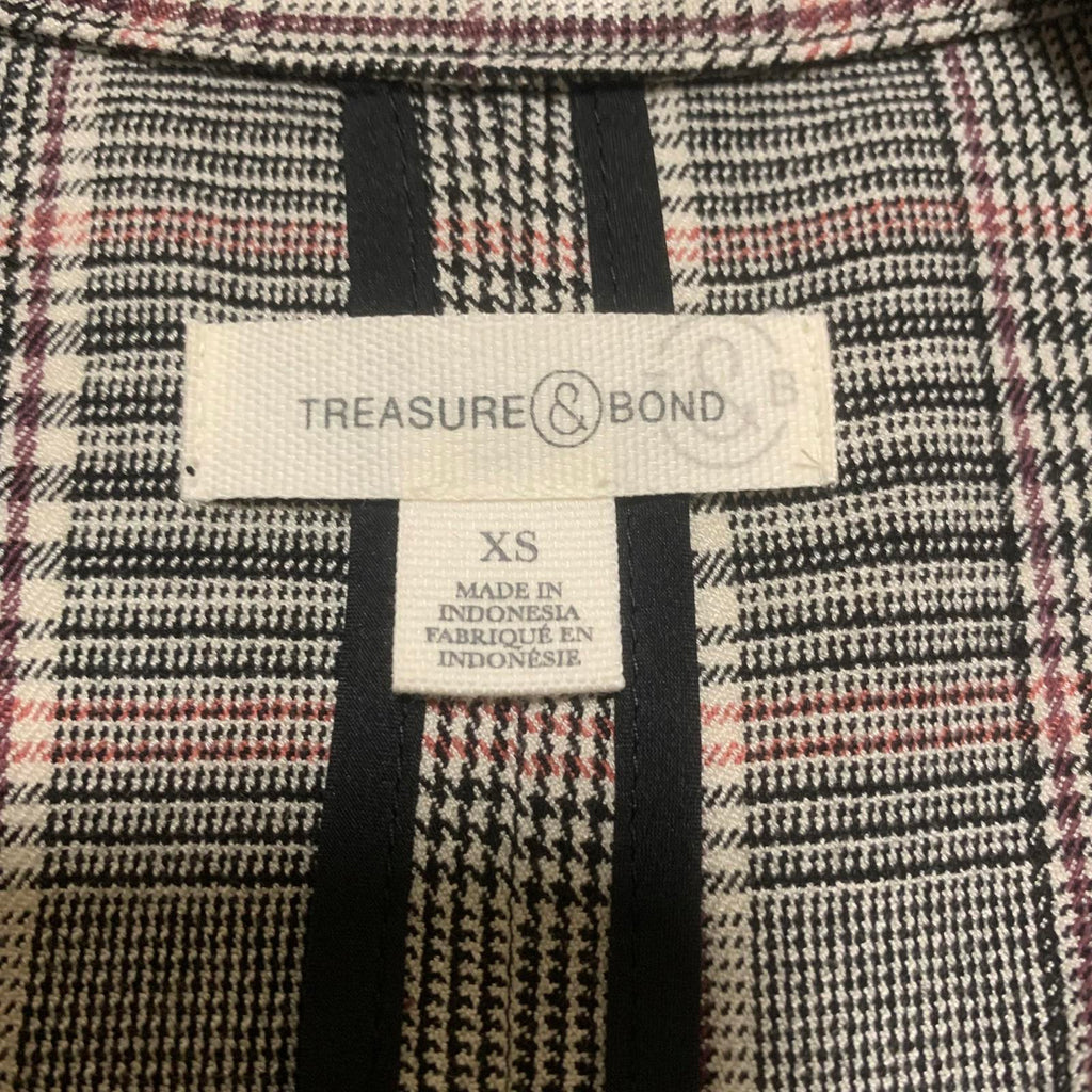 Treasure & Bond Women's Plaid Blazer Jacket XS Black Pink Gray 1-Button Stretch