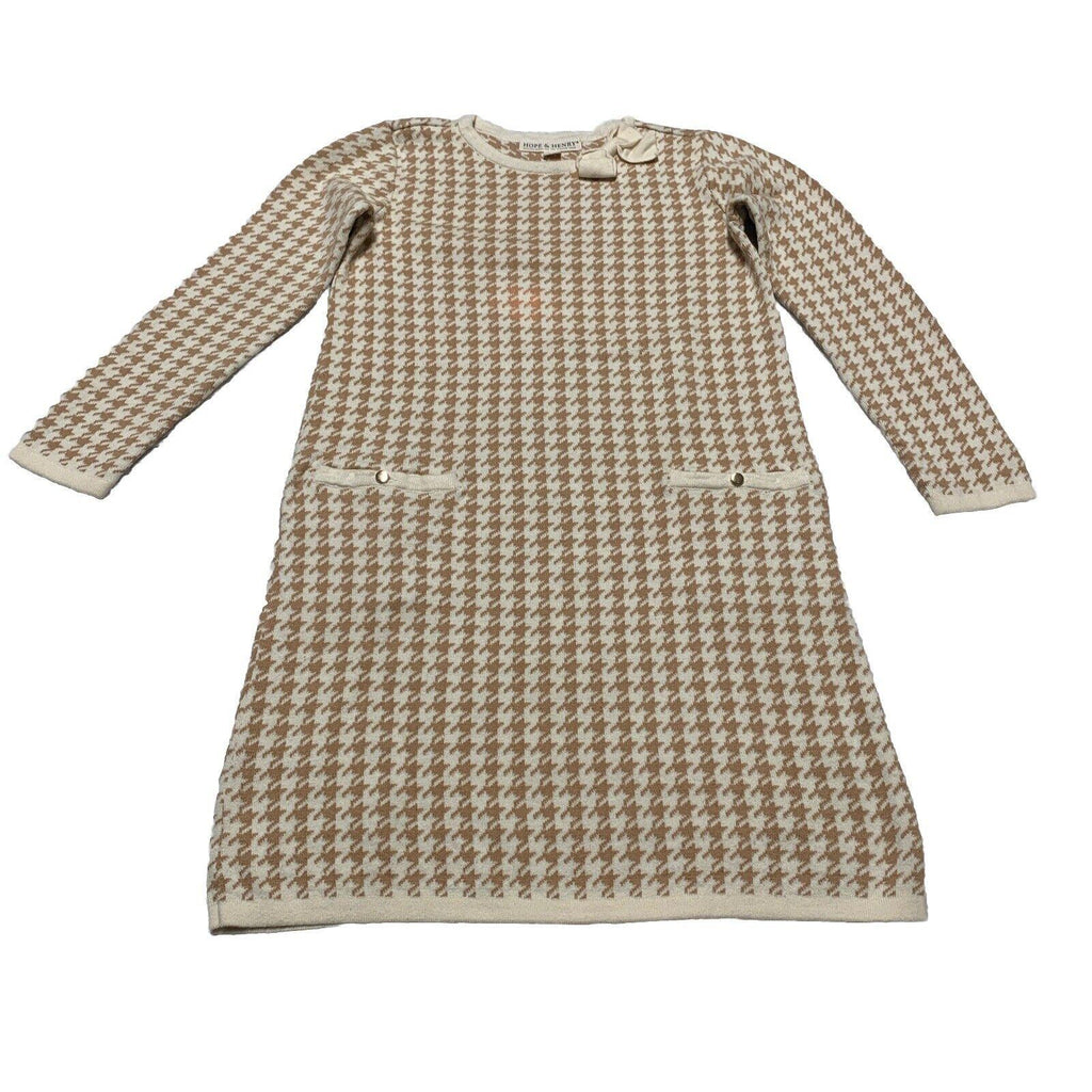 Hope & Henry Girls Size 10 Ivory Beige Houndstooth Sheath Dress Bow Knee Length