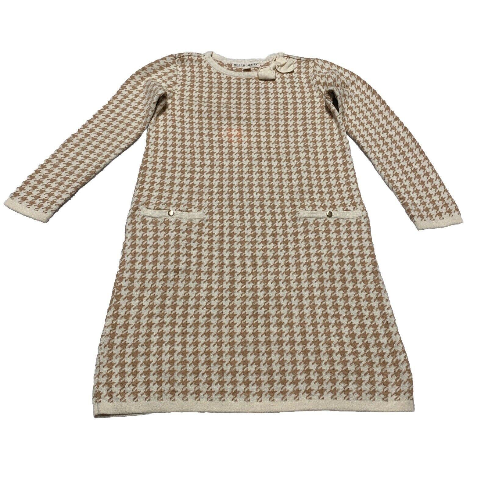 Hope & Henry Girls Size 10 Ivory Beige Houndstooth Sheath Dress Bow Knee Length