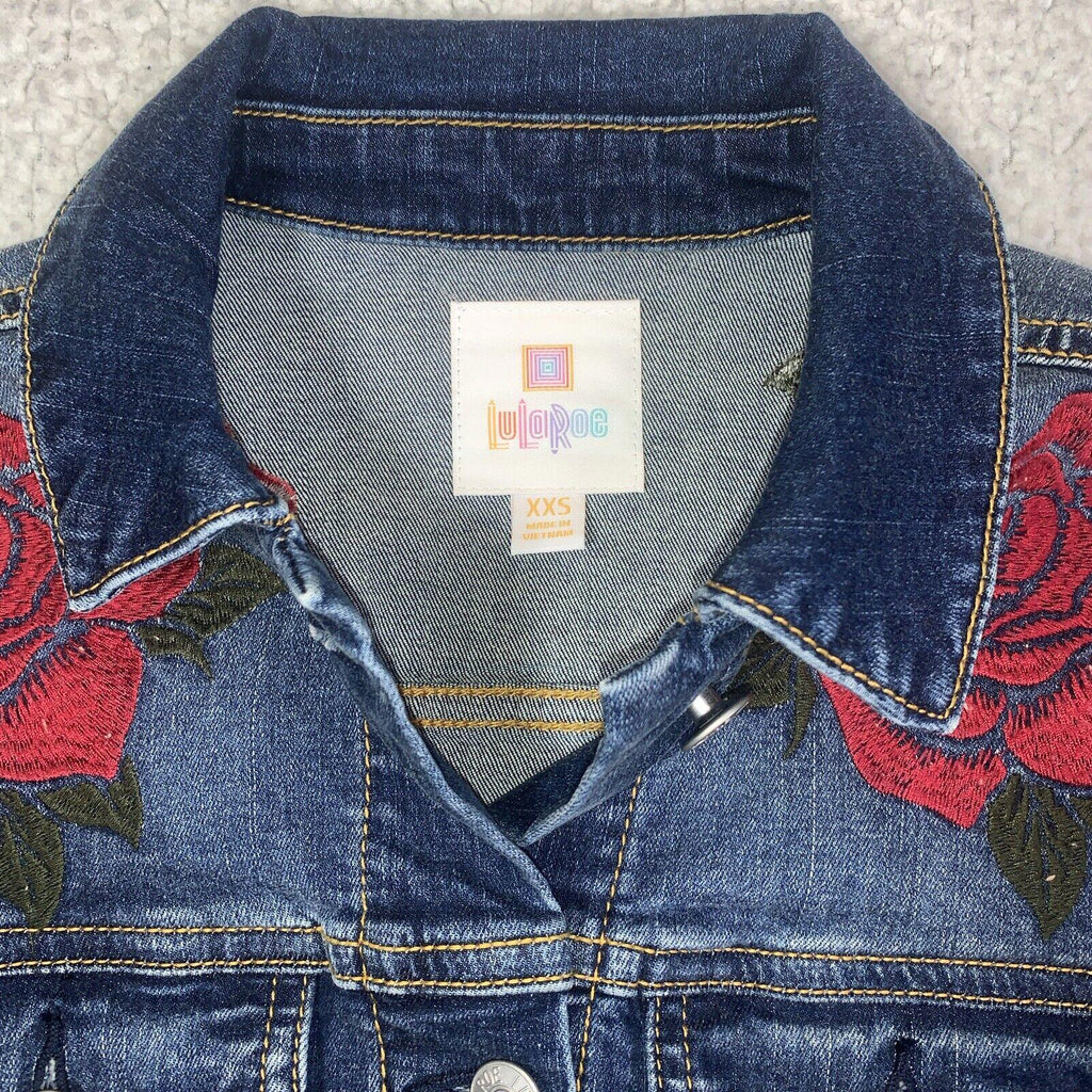 Lularoe Jaxon Jean Jacket Red Rose Sz XXS Small  Embroidery