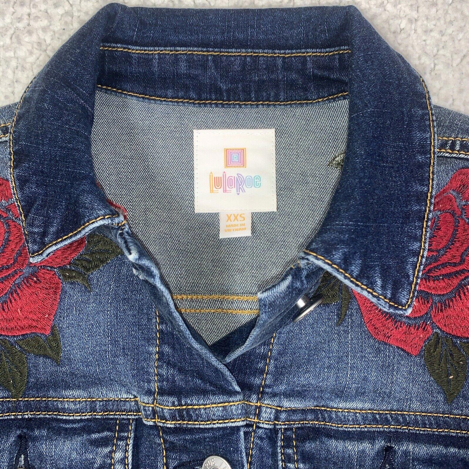 Lularoe Jaxon Jean Jacket Red Rose Sz XXS Small  Embroidery