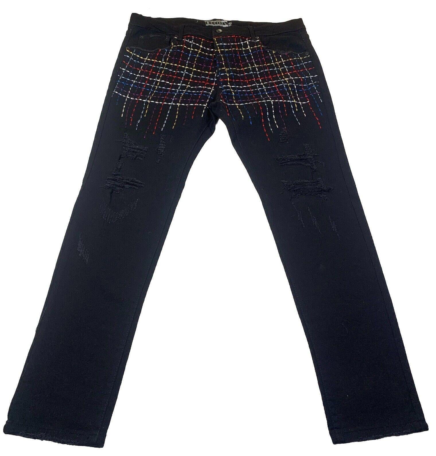 Decibel Black Jeans Men's 40x34 Embroidered Front Frayed