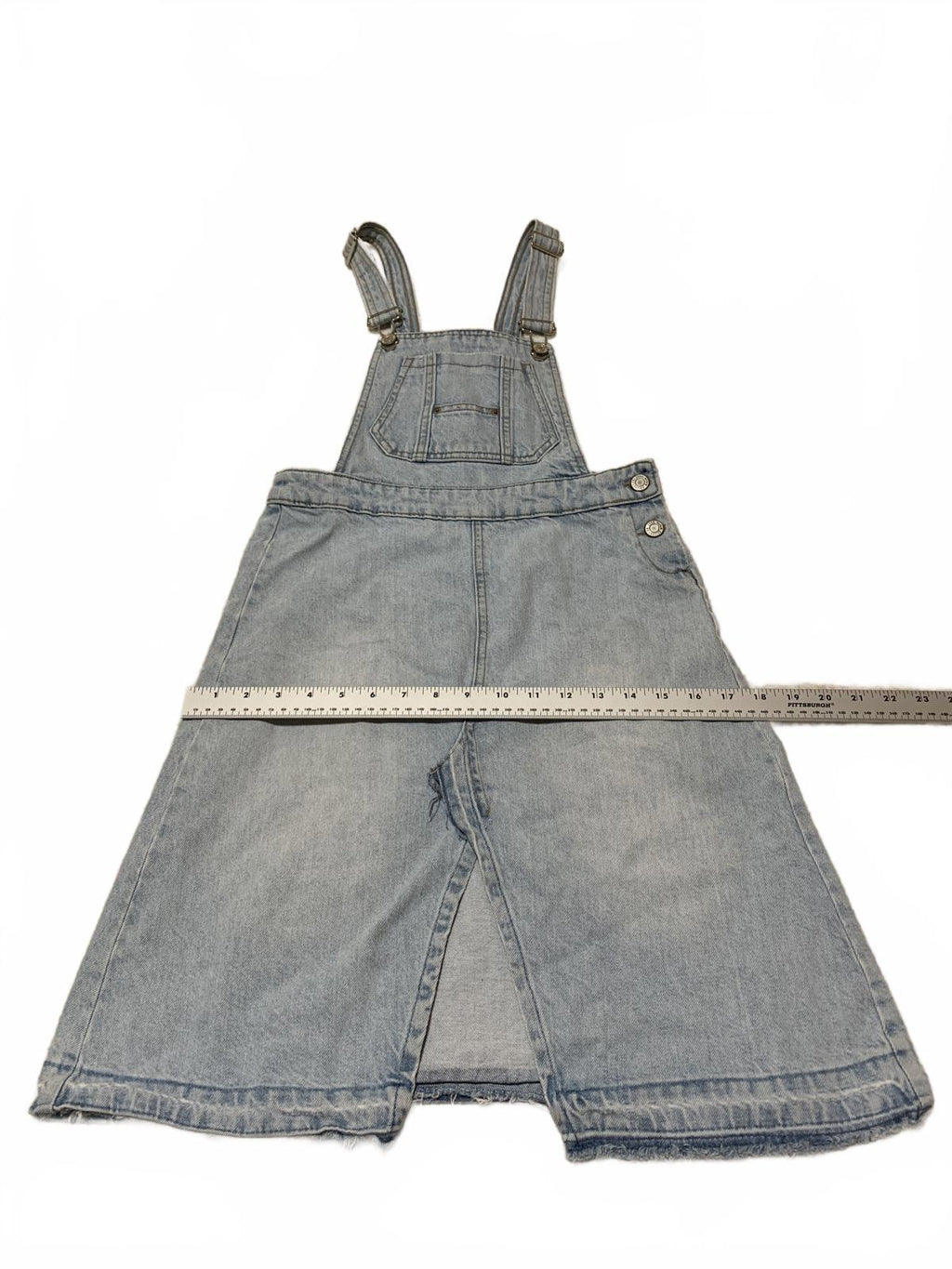Zara Girls Size 13/14 Light Wash Distressed Denim Overall Skirt Frayed Hem