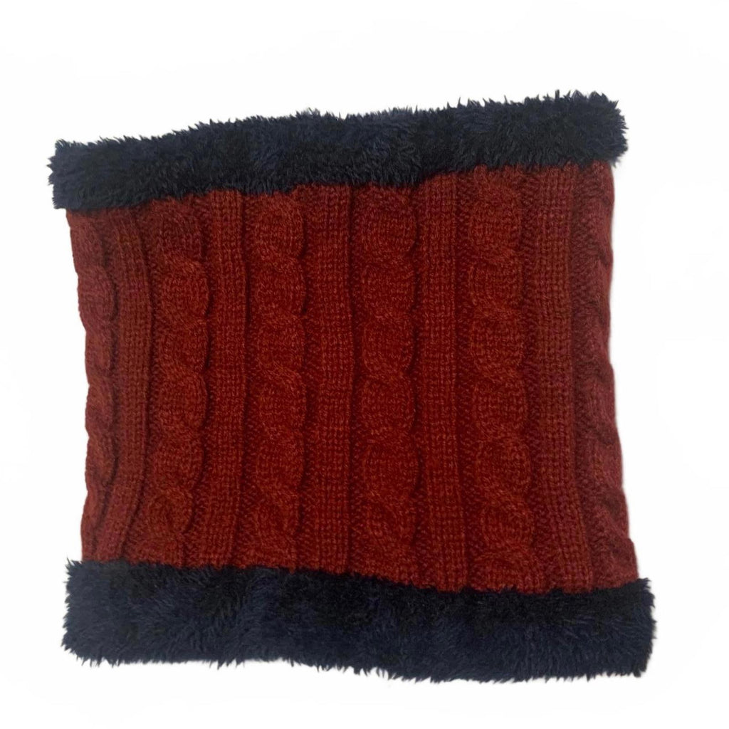 All-match Winter Knit Hat Scarf Gloves Set Burgundy Navy Faux Fur Lining OSFA