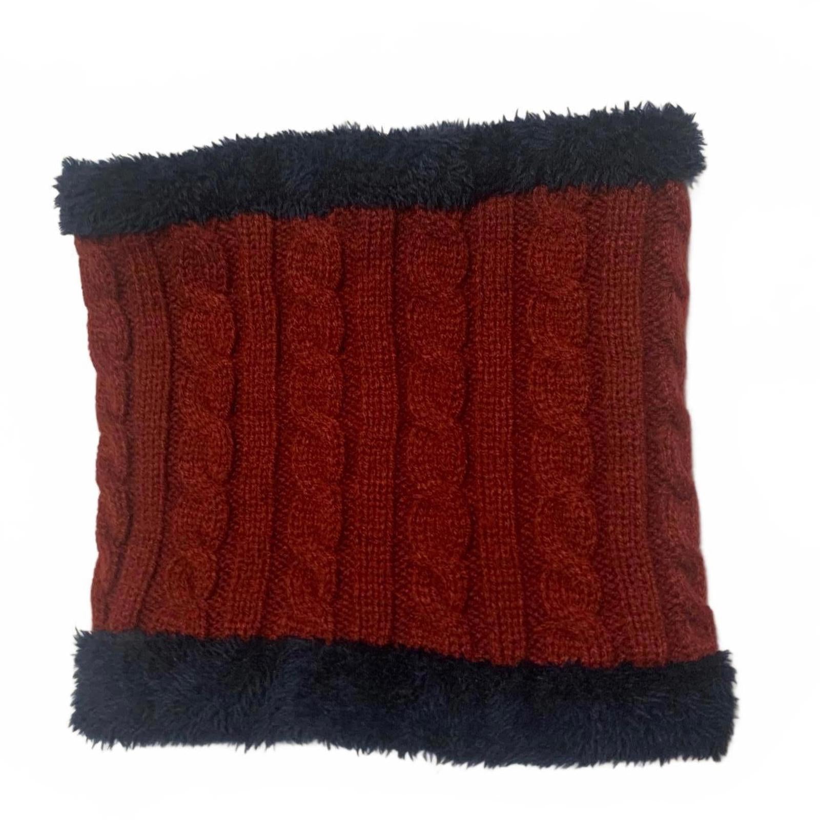 All-match Winter Knit Hat Scarf Gloves Set Burgundy Navy Faux Fur Lining OSFA
