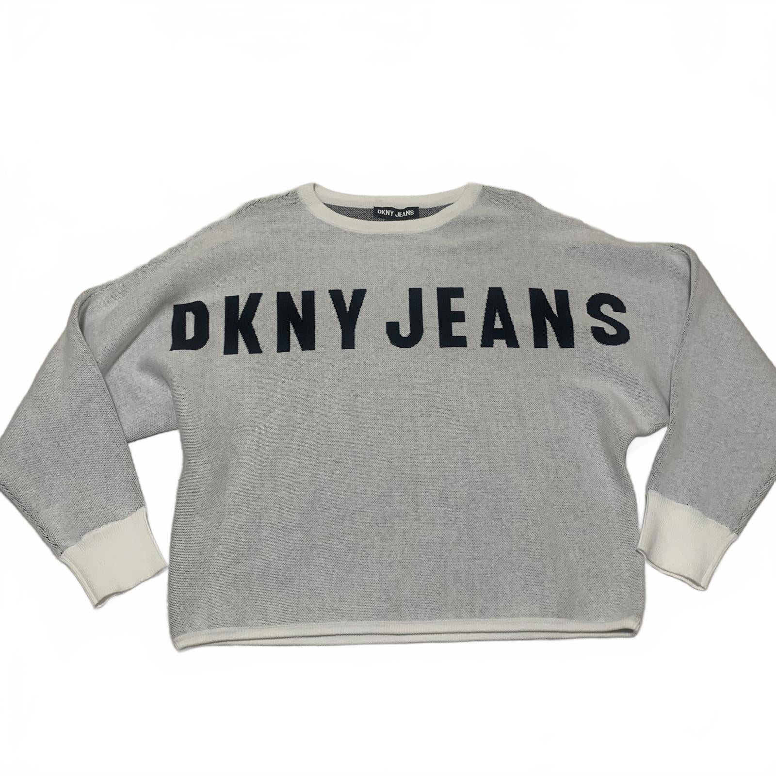 VTG DKNY Jeans Women's Size S Light Gray Crewneck Sweater Logo Butterfly Sleeve