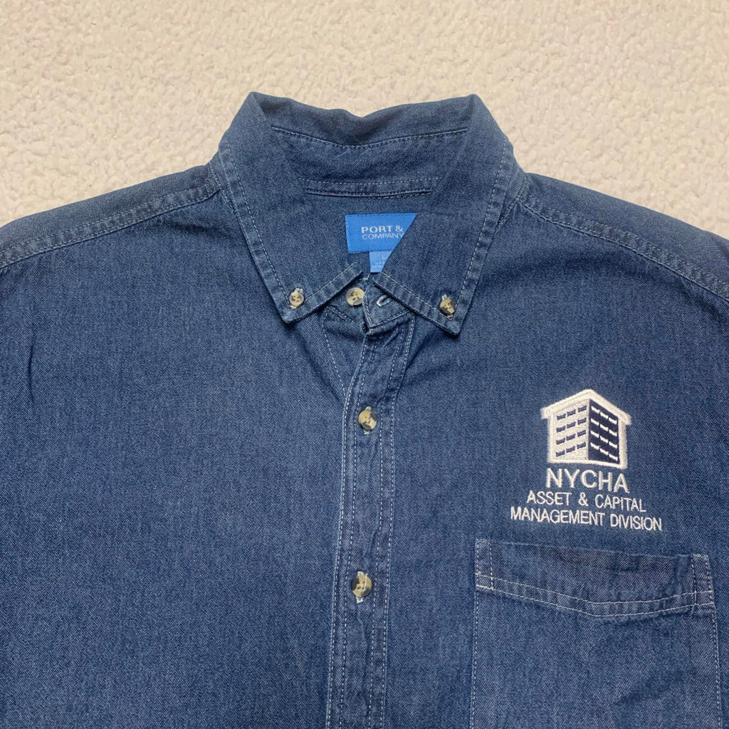 Port & Company Men's Size Large Denim Blue NYCHA Button-Up Shirt