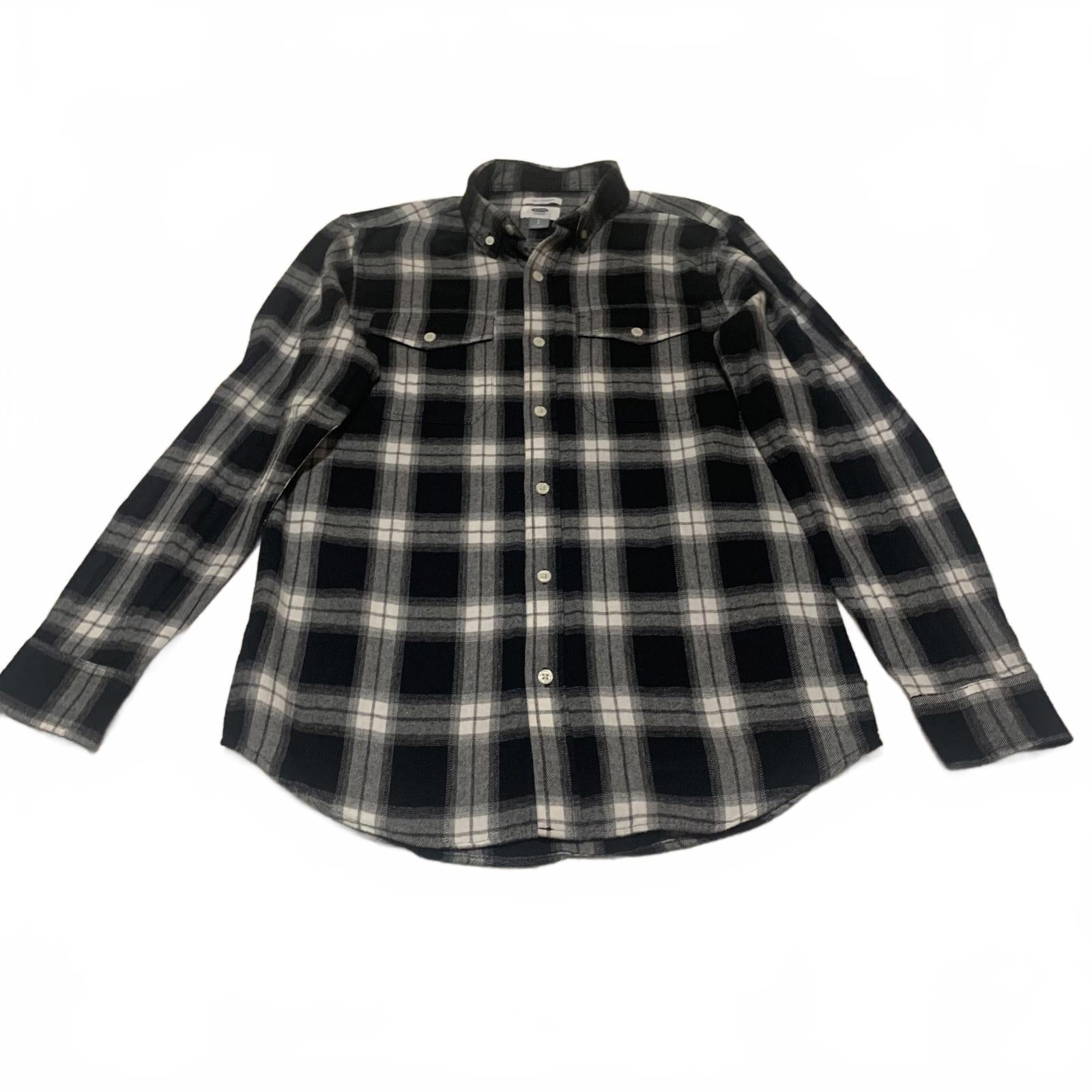Old Navy Men's Button Shirt Size S Petite Stone Black White Plaid Casual Cotton