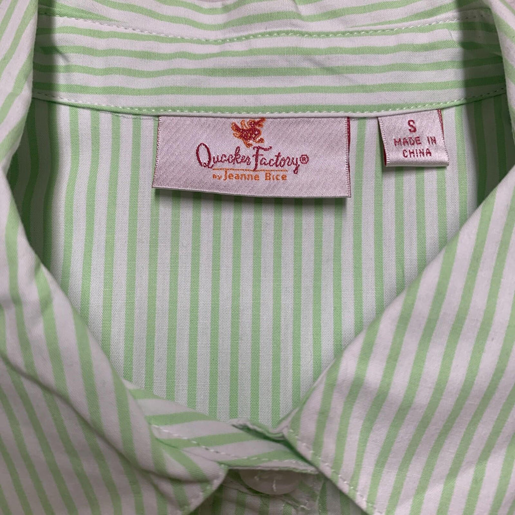 Quacker Factory Women's Size S Floral Embroidered Green Striped Button Shirt