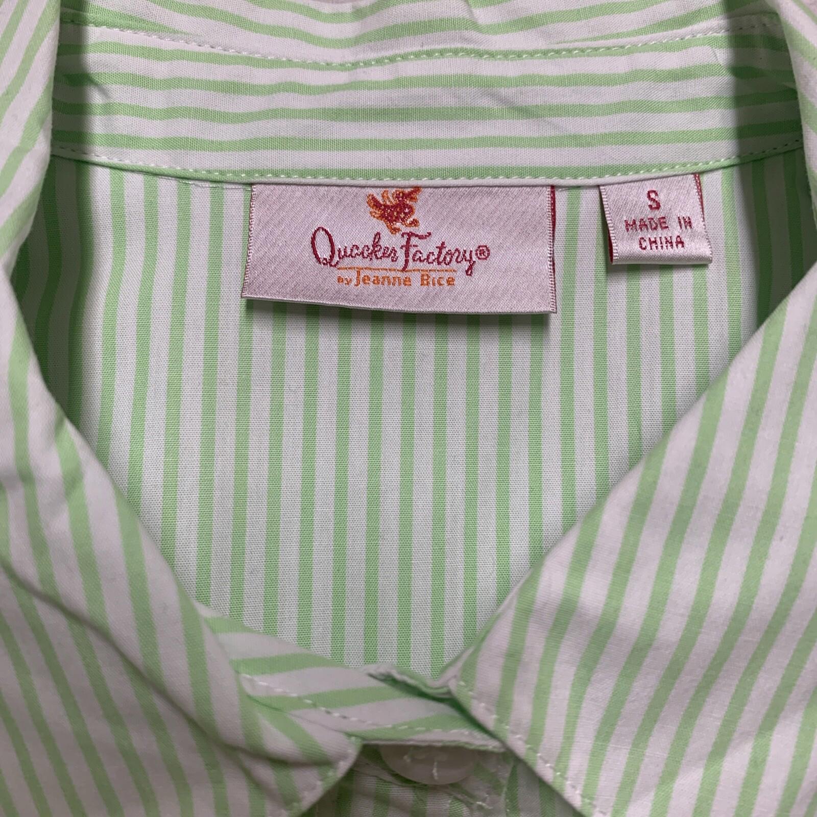 Quacker Factory Women's Size S Floral Embroidered Green Striped Button Shirt
