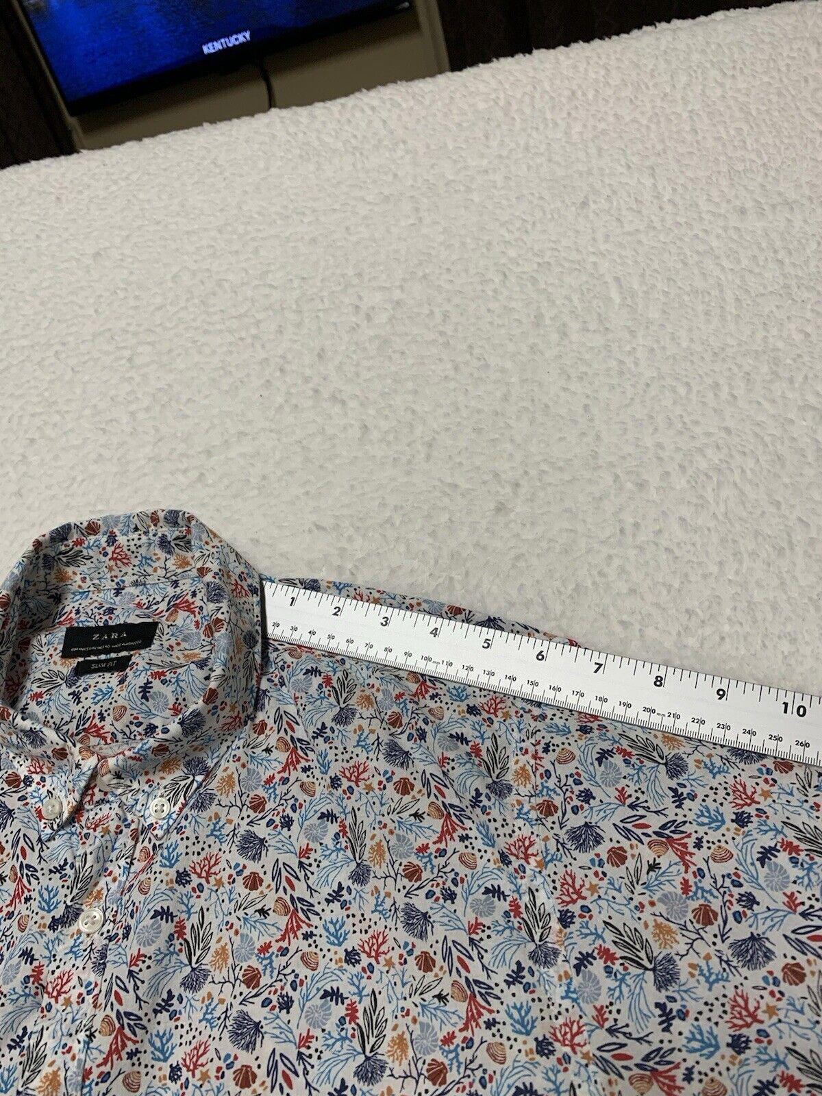 Zara Short Sleeve  Slim Fit Casual Button Down Shirt Size M Print Seaside Shells